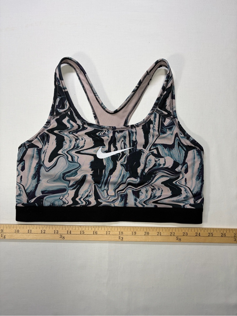 Nike Marble-Effect Racerback Sports Bra in Pink, Black and Teal